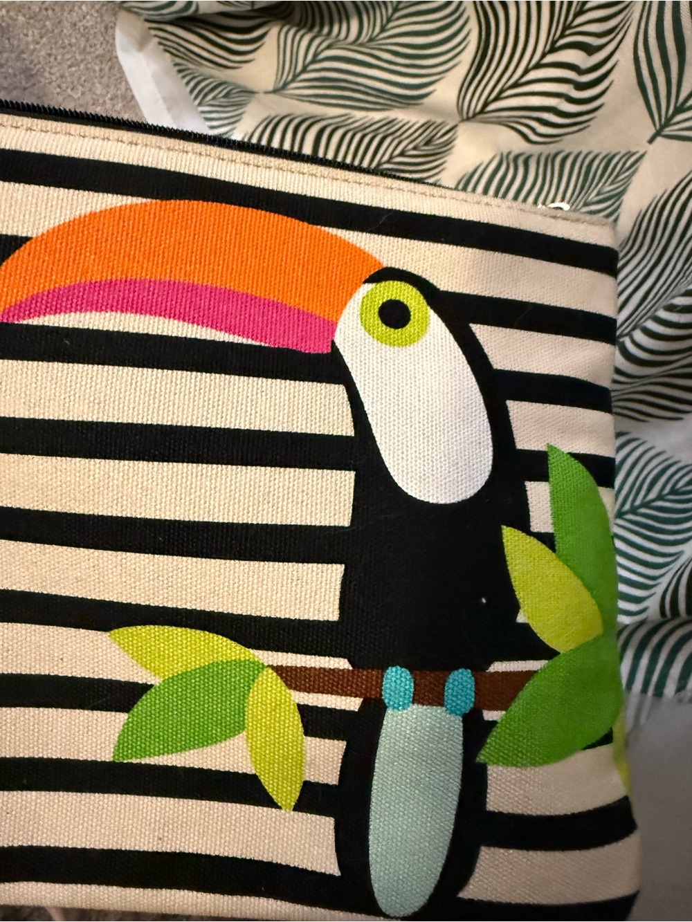 kate spade Black and White Striped Canvas Toucan Clutch with Orange Pink Beak